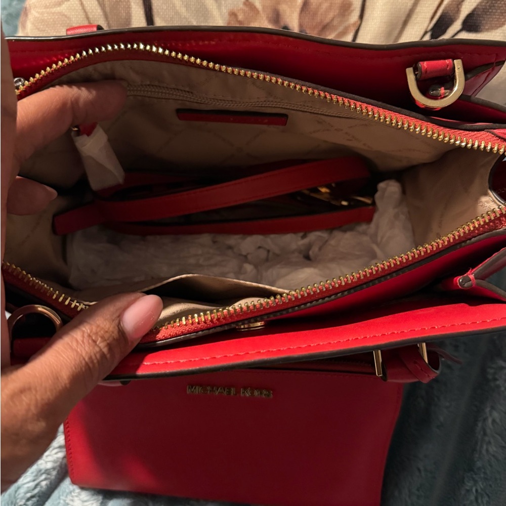 Michael Kors Brown Logo Satchel with Red Trim and Red Wallet - Picture 2 of 4